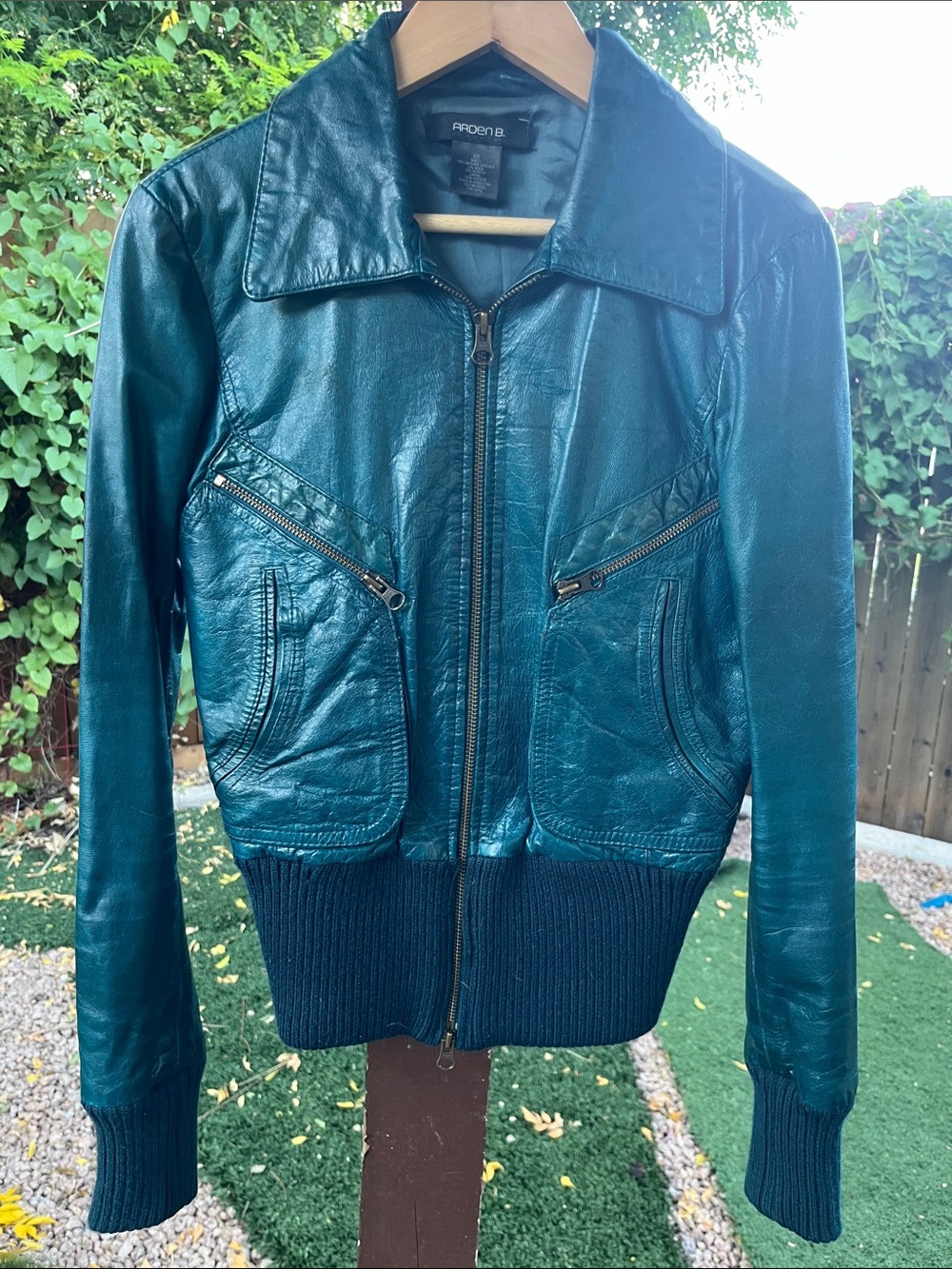 Arden B. Teal Blue Leather Aviator Bomber ribbed knit Jacket y2k moto cropped xs